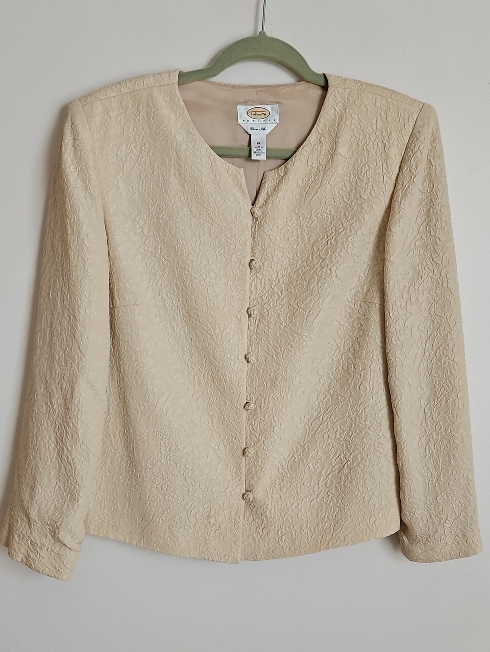 Talbots Silk Collarless Crinkle Brocade Blazer Loop Knot Closures Cream 14P
